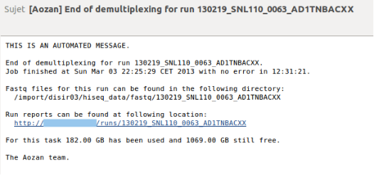 example email sent at the end of demultiplexing